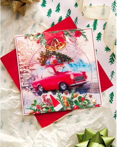 Moving Christmas Card Santa in a car with tree decoration - Agapics