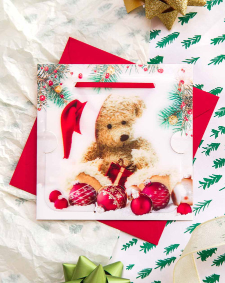 Moving Christmas Card Teddy Bear with tree decoration - Agapics