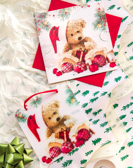 Moving Christmas Card Teddy Bear with tree decoration - Agapics