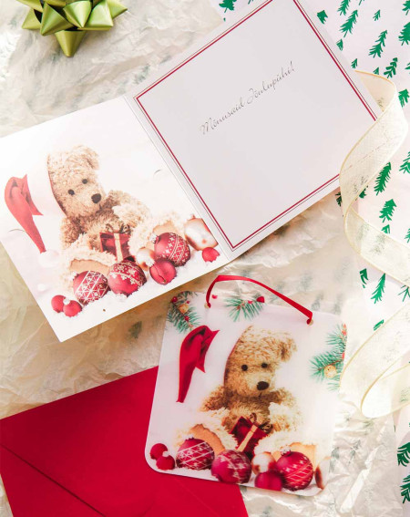 Moving Christmas Card Teddy Bear with tree decoration - Agapics