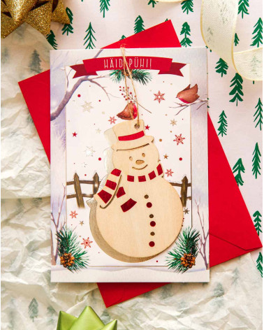 Christmas Card Snowman with wooden tree decoration - Agapics