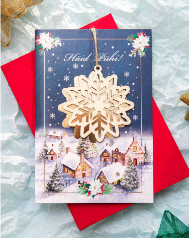 Christmas Card Snowflake with wooden tree decoration - Agapics