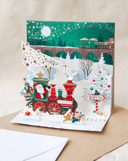 Big 3D Christmas Card Santa Claus on the train - Holiday postcards - Agapics