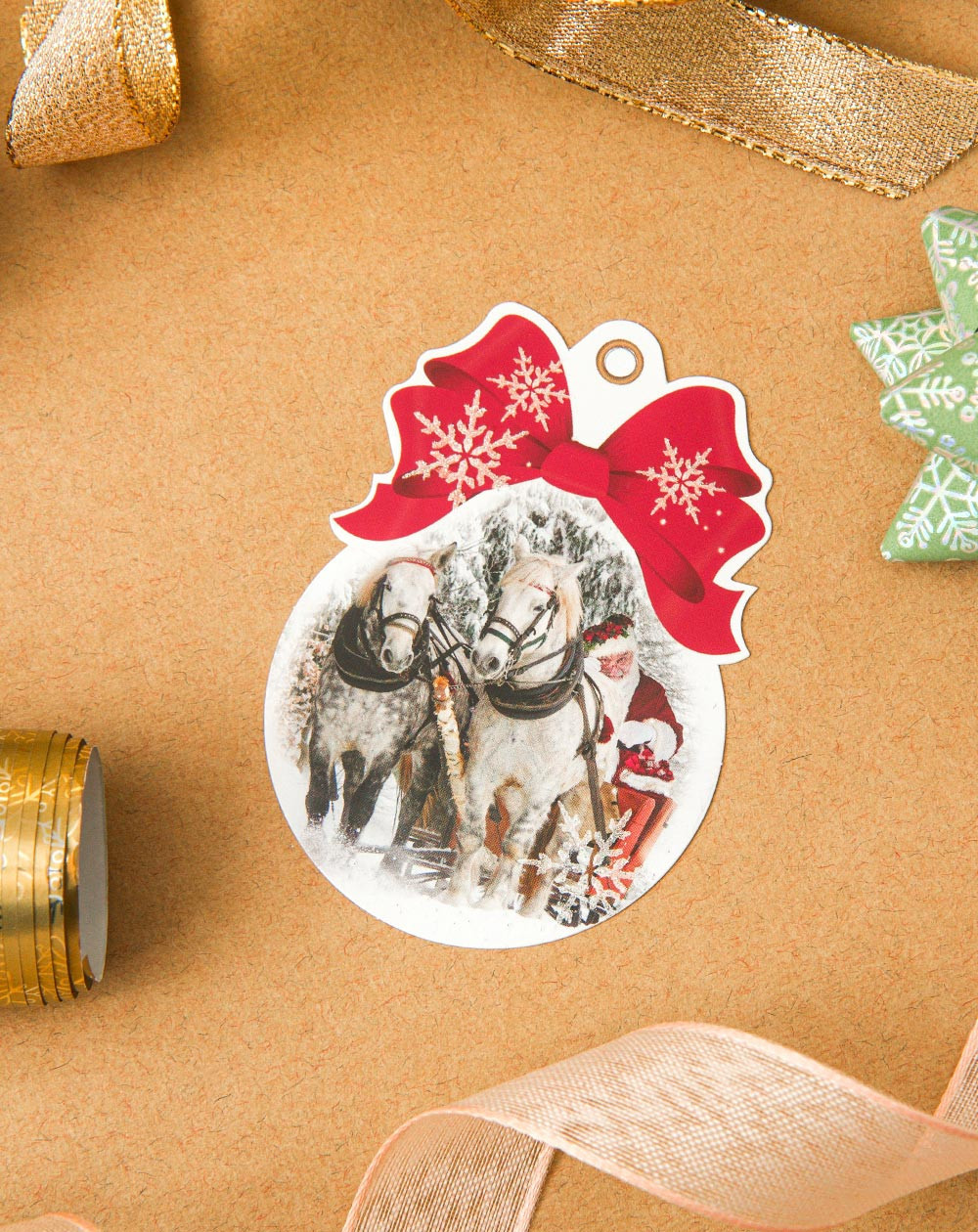 Small Christmas Gift Bag Card Santa and horses