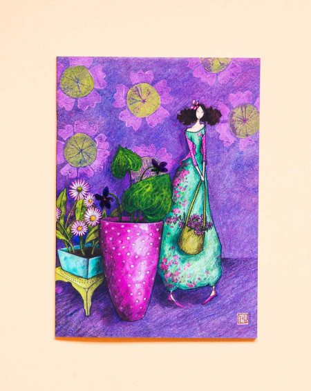 Notebook A5 Girl and purple flower pot - Agapics