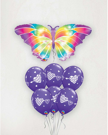 Suur Õhupallibukett Liblikas ja südamed lilla