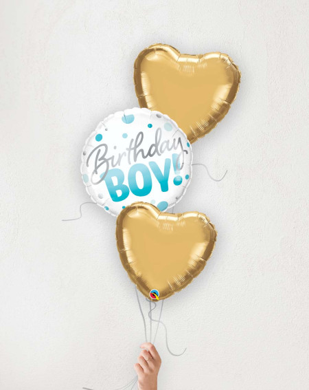 Balloon Bouquet Birthday Boy golden hearts