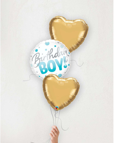 Balloon Bouquet Birthday Boy golden hearts