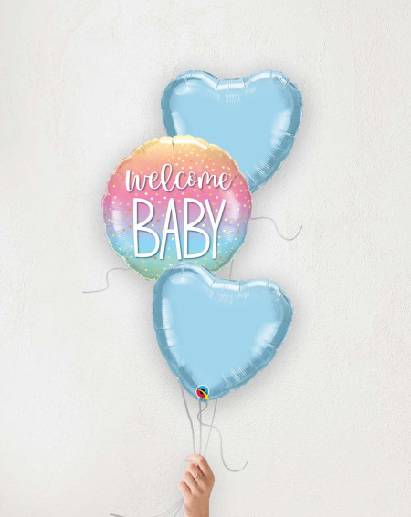 Balloon Bouquet Welcome baby blue hearts