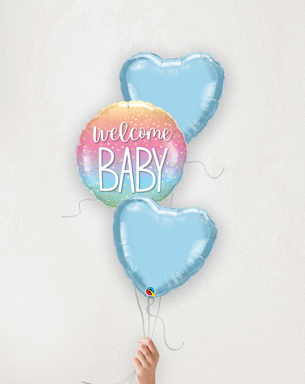 Balloon Bouquet Welcome baby blue hearts