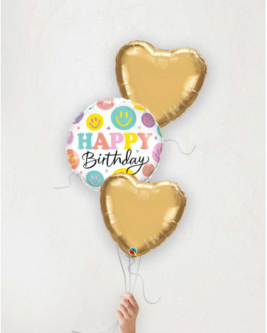 Balloon Bouquet Birthday Happy Faces golden hearts