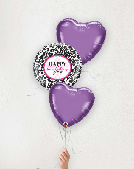 Balloon Bouquet Happy Birthday with purple hearts