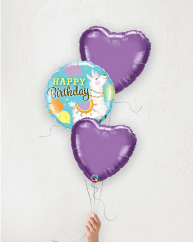 Balloon Bouquet Birthday Llama and purple hearts