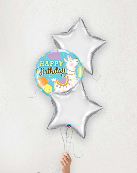 Balloon Bouquet Birthday Llama and silver stars