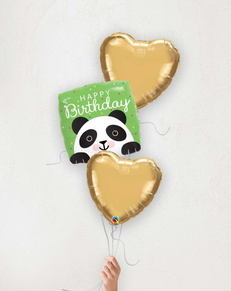 Balloon Bouquet Birthday Panda and golden hearts