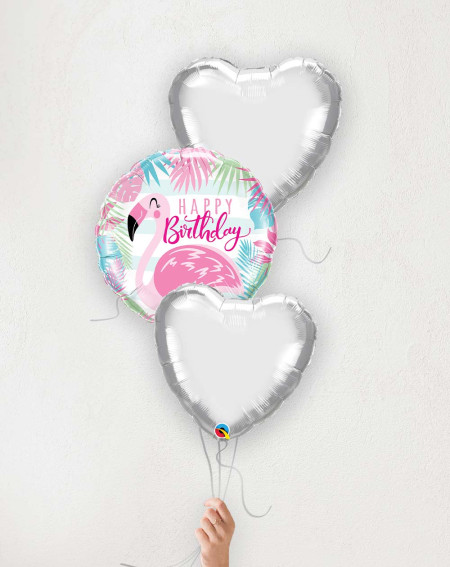 Balloon bouquet Birthday Flamingo and silver hearts
