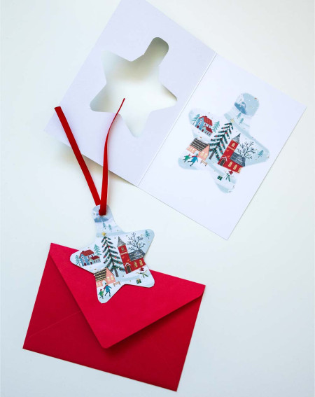 Christmas Card WInter Village with tree decoration - Agapics