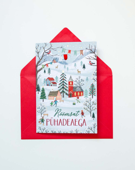 Christmas Card WInter Village with tree decoration - Agapics