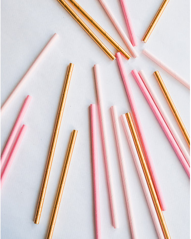 Straws 16pc Pink & Gold paper