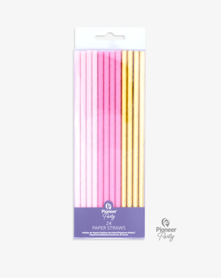 Straws 16pc Pink & Gold paper